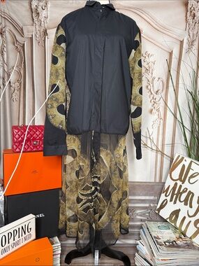 UNCONDITIONAL -Black Shirt Dress with Olive Sheer Abstract print